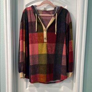 BiBi Plaid Hooded V-neck Cozy Knit